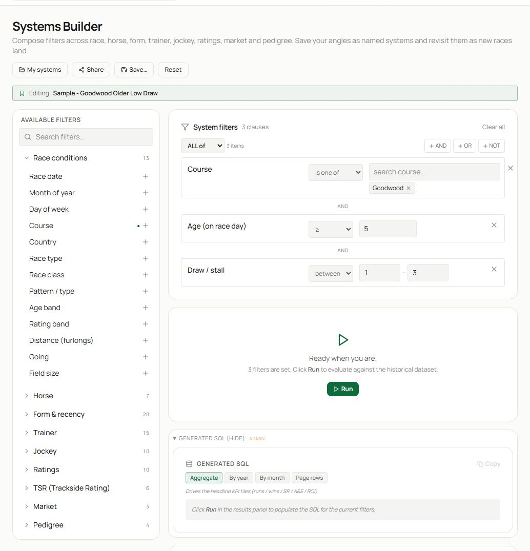 Systems Builder showing system actions, filter palette, active clauses and run area.