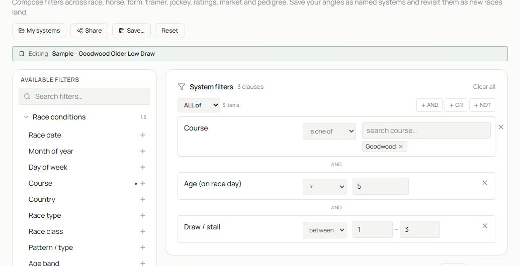 A completed Systems result showing the filter definition and KPI tiles.