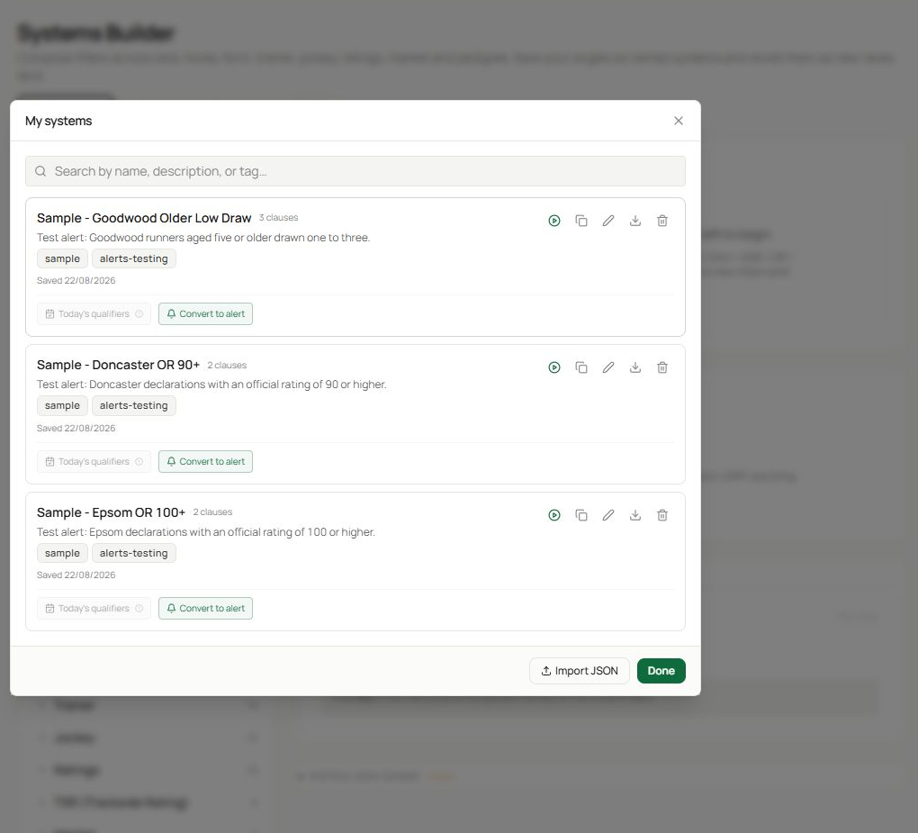 The My systems shelf showing search and saved-system actions.